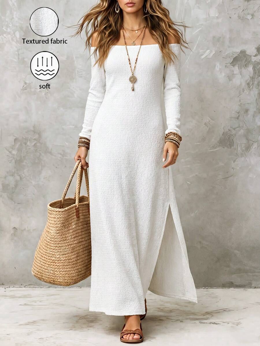 LUMIGAL New Autumn And Fashion, Casual And Versatile Off-White One-Shoulder Long-Sleeved Dress, Side-Slit Vacation