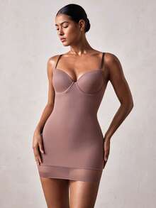 Veilyse Women Shapewear Skirt With Shoulder Straps, Build In Bra, Chest Gathering, Waist Supporting, Tummy Control, Butt Lifting, Mesh Hemline - Brown - View 8