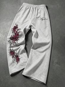 Manfinity EMRG 男士千禧風淺灰色寬腿運動長褲，哥德式酒紅彼岸花劍鏈手寫草體印花街頭風抽繩鬆身長褲，春夏度假音樂節派對夜店休閒運動下身褲 - 灰色 - 查看 1
