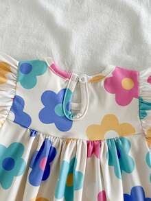 SHEIN Vintaside Kids 2026夏季新款女童彩色碎花荷葉袖洋裝，寬鬆A字娃娃裙，清新滿版碎花圓領公主裙，適合外出與拍照，小女孩夏季穿搭 - 杏色 - 查看 7