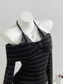 SHEIN ICON 女款秋冬黑色與灰色針織羅紋抓絨布蕾絲拼接二合一掛脖綁帶直領長袖修身T恤，復古純色奢華可愛優雅休閒百搭，適合購物、約會、日常通勤與休閒 - 黑色 - 查看 1