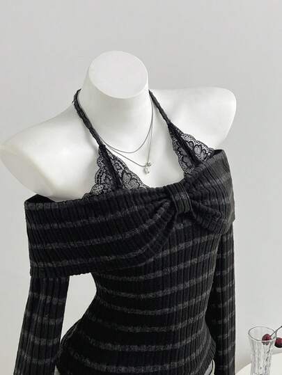 SHEIN ICON Women's Autumn/Winter Black & Grey Knit Ribbed Fleece Fabric Lace Patchwork Faux 2-Piece Halter Tie Neck Straight Neckline Long Sleeve Slim Fit T-Shirt, Vintage Pure Luxury Cute Elegant Casual Versatile For Shopping, Dating, Daily Commute And Leisure
