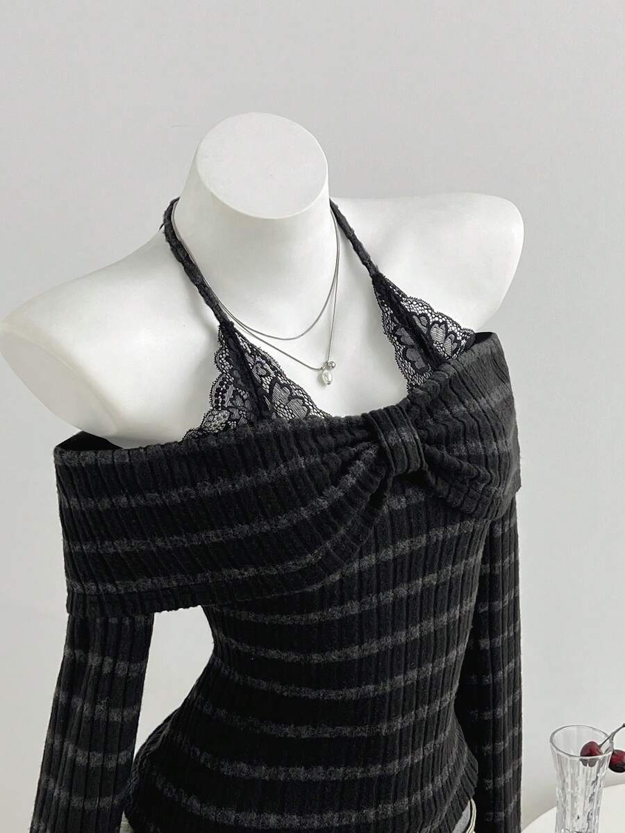 SHEIN ICON 女款秋冬黑色與灰色針織羅紋抓絨布蕾絲拼接二合一掛脖綁帶直領長袖修身T恤,復古純色奢華可愛優雅休閒百搭,適合購物、約會、日常通勤與休閒 - 黑色 - 查看 1