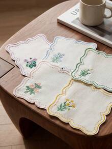 刺繡花卉耐熱墊、花卉隔熱杯墊、亞麻餐桌墊、咖啡杯裝飾墊 - 彩色 - 查看 1