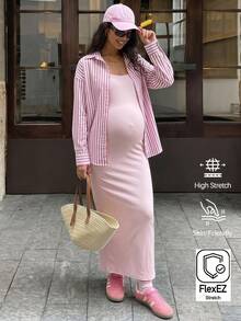 Lyckli Umstandskleid Einfarbig mit Spaghettiträgern und gestreiftes einreihiges Langarmhemd, 2 Stücke Set - Pink - Übersicht 3