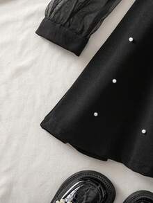 SHEIN Young Girl Young Girl Casual Minimalist Comfortable Collared Hollow-Out Color Block Patchwork Dress - Black - View 4
