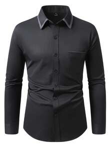 Manfinity Mode Men's Black Autumn Classy Formal  Commuter Dress Shirt,Design Business Casual Long Sleeve Button Up Top With Pocket,Solid Color Stylish Shirt - Black - View 3