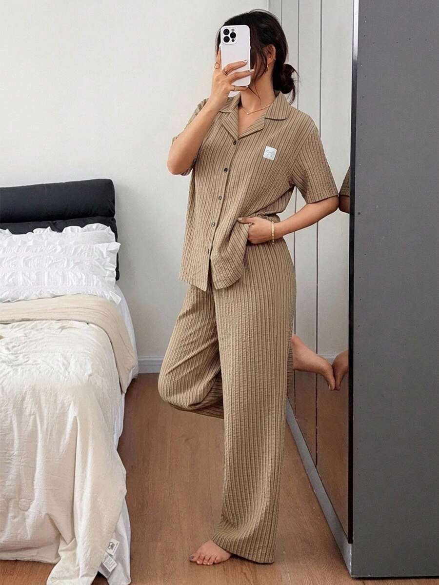 DAZY 女款拼接短袖上衣與長褲睡衣套裝,附拼接設計 - 棕色 - 查看 1