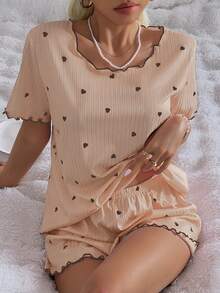 CottageSlumber Khaki Small Heart Ribbed Knit Loose Fit Short Sleeve Shorts Pajama Set For Women - Khaki - View 4