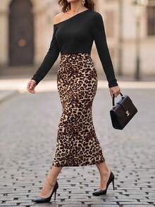EMERY ROSE Women's Solid Color Asymmetrical Shoulder Long Sleeve T-Shirt And Leopard Print Skirt Fashion Slim Fit 2 Pieces Set Elegant Dress For Women Leopard - Black - View 5