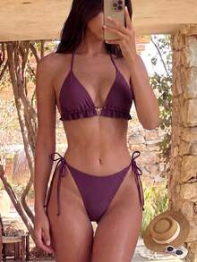 Livesso Set Pakaian Renang Bikini Dua Potong Seksi Modis untuk Liburan Musim Panas Wanita, Warna Polos, Model Halter dengan Hiasan Ruffle, Cocok untuk Pantai dan Liburan. - Rose Red - View 1