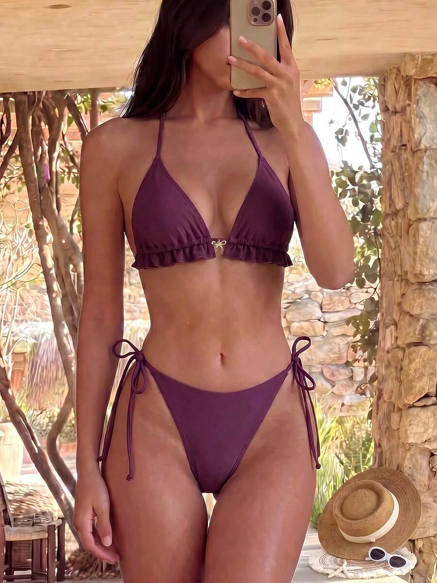 Livesso Set Pakaian Renang Bikini Dua Potong Seksi Modis untuk Liburan Musim Panas Wanita, Warna Polos, Model Halter dengan Hiasan Ruffle, Cocok untuk Pantai dan Liburan. - Rose Red - View 1
