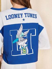 LOONEY TUNES X SHEIN Women's Letter Print Short Sleeve Casual T-Shirt - Navy Blue - View 6