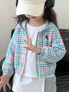 SHEIN Elladie kids 女童清新彩色小格紋連帽拉鍊夾克，時尚馬術圖標，適合兒童日常休閒運動戶外可愛穿搭 - 藍色 - 查看 4