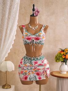 EMERY ROSE Spring/Summer New Floral Bohemian Style Floral Print Two Pieces Bikini Set For Vacation - Multicolor - View 6