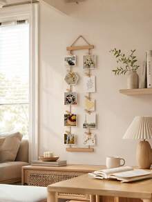 18Pcs Wall Mounted Photo Display Hanging Set Including 1 Rack 15 Clips 1 Self Adhesive Hook 1 Metal Hook Natural Wood Clips Jute Rope Minimalist Scandinavian Style No Drill Space Saving For Bedroom Dorm Studio Entryway Desk Party Decor - multicolor - View 5