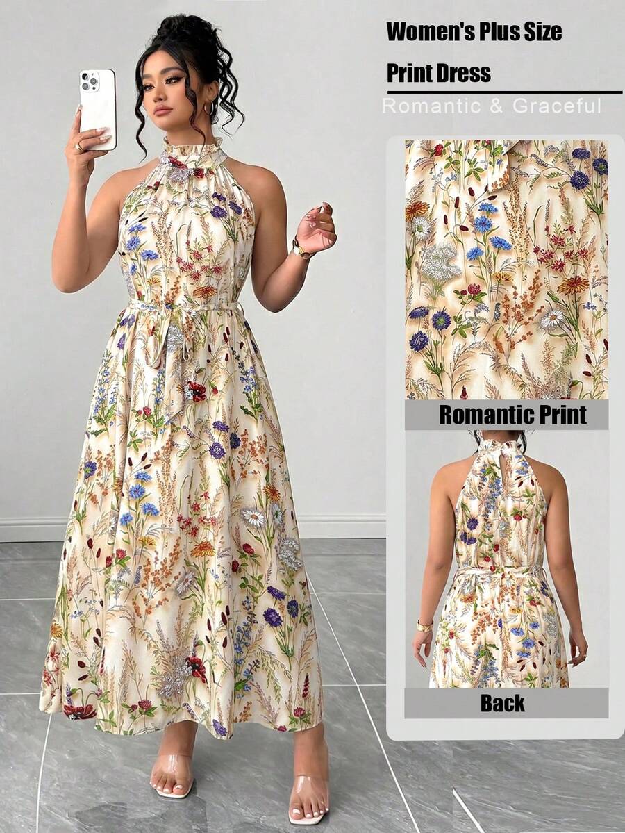 Elenzga Plus Size Women Multicolor Summer Elegant Wedding Guest Holiday 3D Floral Halter Neck A-Line Dress,Minimalist Ruffle Trim Design For Vacation Travel - Multicolor - View 1