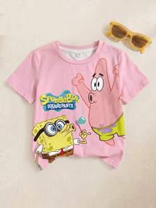 SpongeBob SquarePants | SHEIN Young Girl' Cartoon Print Short Sleeve T-Shirt, All-Over Print - White - View 1