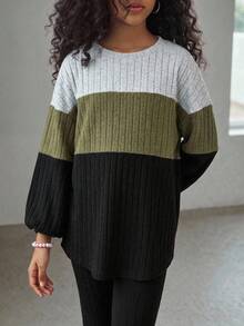 SHEIN Tween Girls Casual Colorblock Ribbed Long Sleeve Top And Pants 2 Pieces Set - Green - View 6