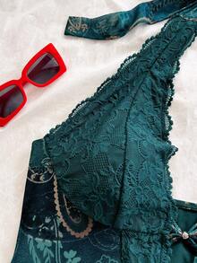 Soleia Plus Size Sexy V-Neck Halter Tie Lace Patchwork Paisley Print Fitted Women's Bodysuit - Blue - View 5