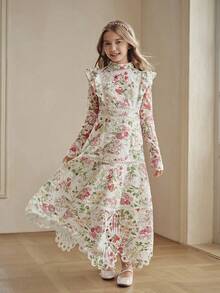 Anewsta Summer Girls' Water Print A-Line Ruffle Hem Light Formal Dress For Middle And Older Children - Pink - View 3