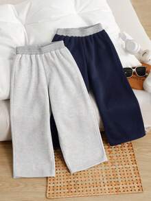 SHEIN Girlism Young Girl Casual Knitted Sweatpants, Contrast Waistband, Street Style, Solid Color Knitted Loose Casual Wide Leg Sweatpants, Cool Street Style, Daily Wear, Back To School, Casual Cute, Sister Outfit, Mother And Daughter Matching - Multicolor - View 2