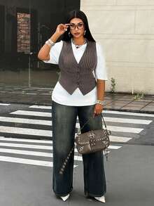 Maweii Plus Size Dark Green Striped Suit Vest Teachers' Day Office Formal Summer Business Casual Elegant - Dark Grey - View 6