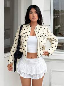 Rivivi Fashion Casual Women's Pocket Metal Button Short Polka Dot Washed Denim Jacket - Multicolor - View 3