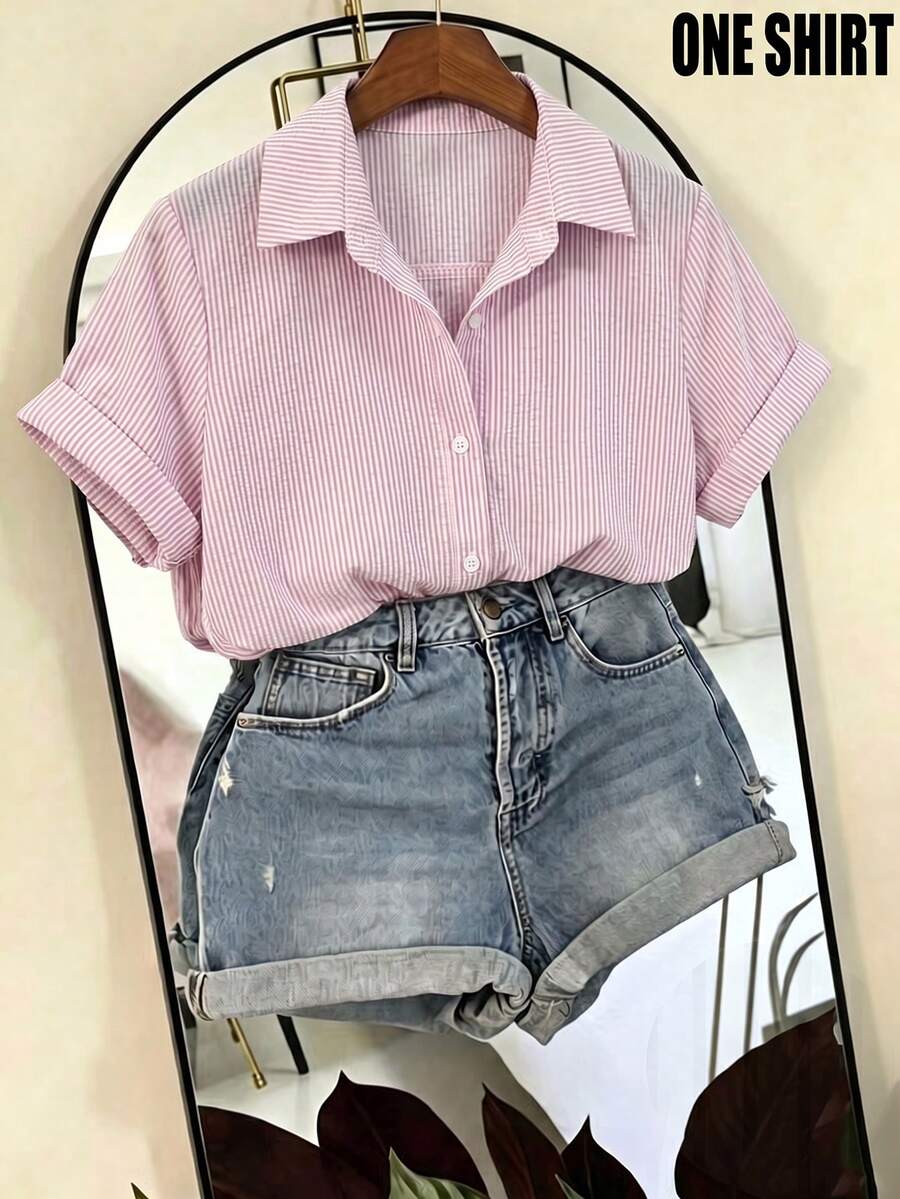 SHEIN Franclia 女款條紋泡泡皺褶布料短袖襯衫,適合度假、通勤與社交場合 - 粉色 - 查看 1