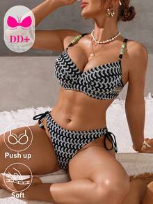 Swim DD+ 女款夏季海灘拼色細肩帶比基尼三角褲兩件式泳衣套裝 - 黑與白 - 查看 5