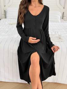 Moonlight&Mama Solid Color V-Neck Casual Button-Front Long Sleeve Maternity Loungewear Dress - Black - View 7