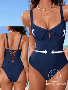 Shapewave Women's Solid Color One-Piece Swimsuit For Beach Vacation - Navy Blue - View 3