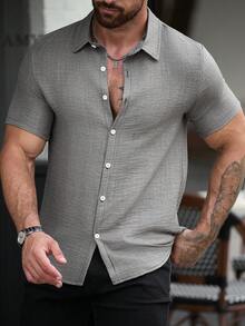 Manfinity CasualCool Men's Textured Fashion Holiday Single-Breasted Short Sleeve Shirt - Army Green - View 1