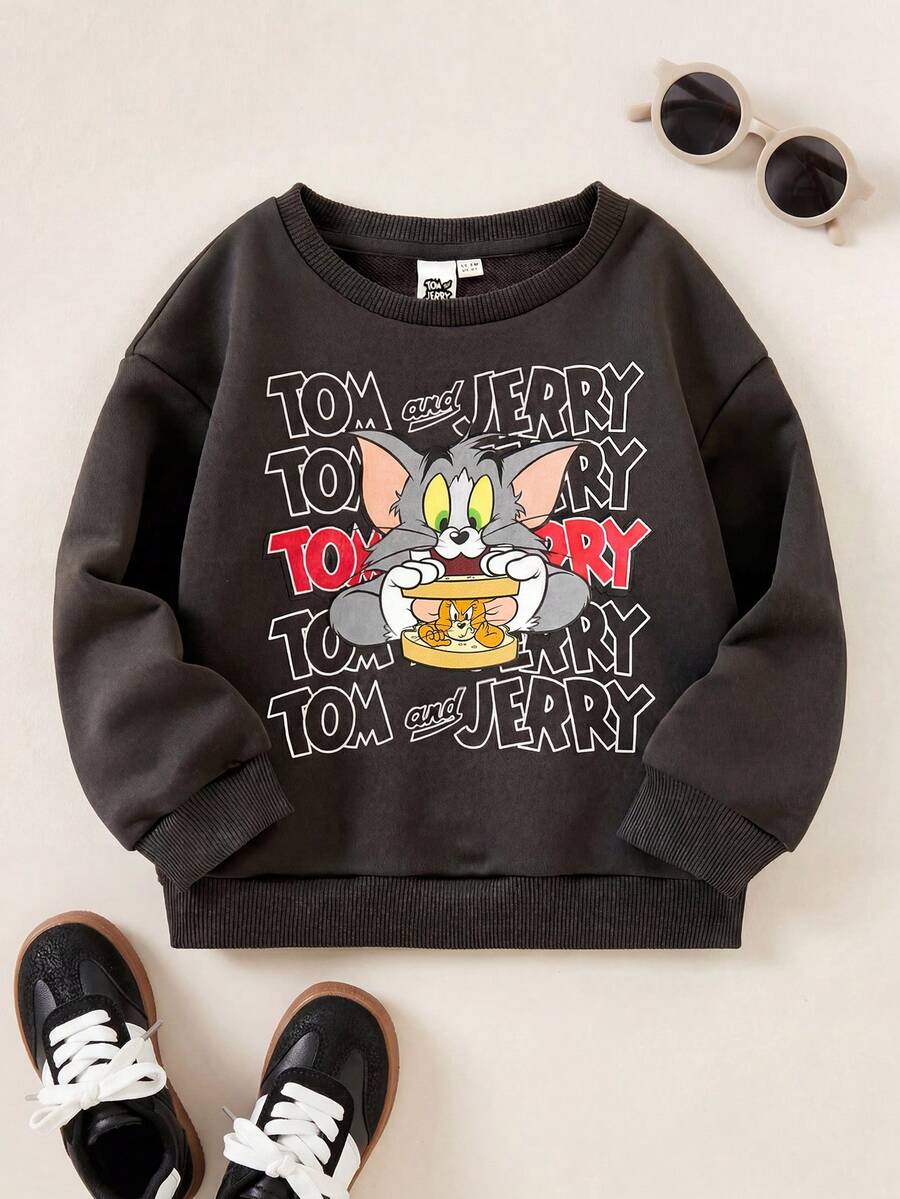 TOM & JERRY X SHEIN 年轻男孩休闲宽松卡通英文字母图案卫衣,灰色,春秋 - 深灰色 - 查看 1