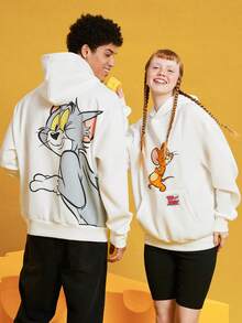 TOM & JERRY X SHEIN هوديي مطبوع بطبعة كرتونية قطعة واحدة، ملابس علوية بأكمام طويلة يناسب الجنسين - أبيض - مشاهدة 9