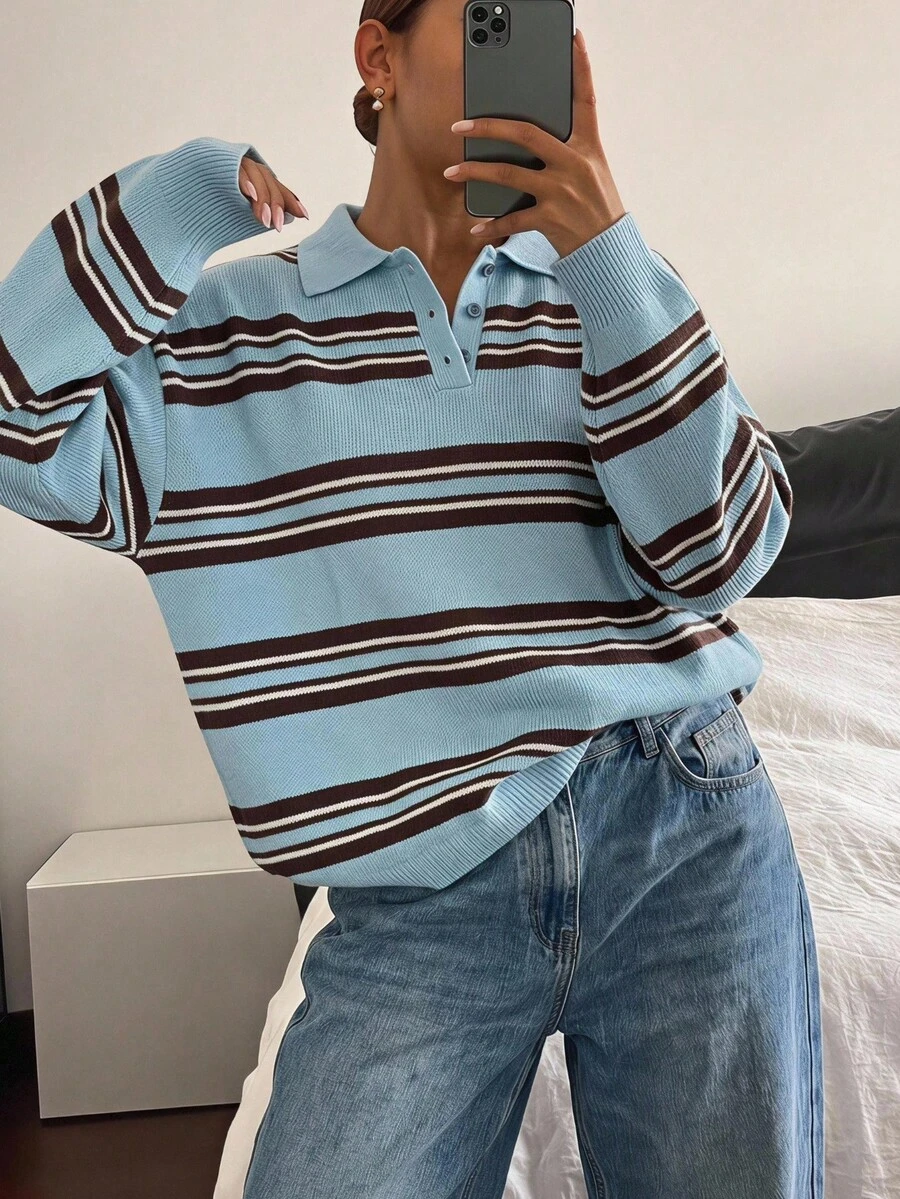 SHEIN EZwear 女士条纹长袖高领休闲宽松毛衣 - 彩色 - 查看 1