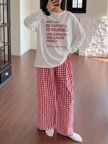 Dazy Kids Letter Print Short Sleeve T-Shirt + Plaid Pants Loose Casual Set For Teen GirlLoungewear Fall - Watermelon Pink - View 1