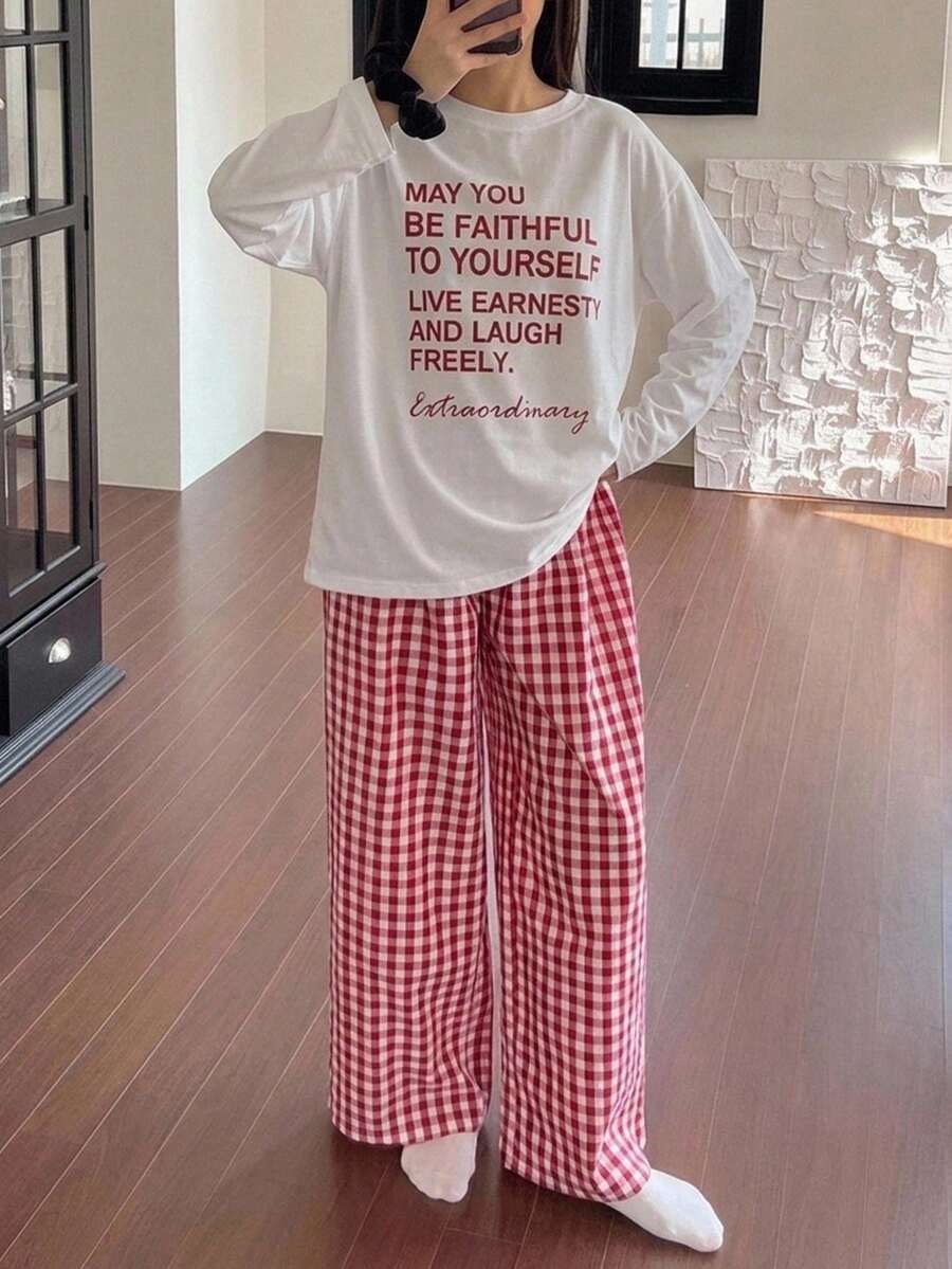 Dazy Kids Letter Print Short Sleeve T-Shirt + Plaid Pants Loose Casual Set For Teen GirlLoungewear Fall - Watermelon Pink - View 1