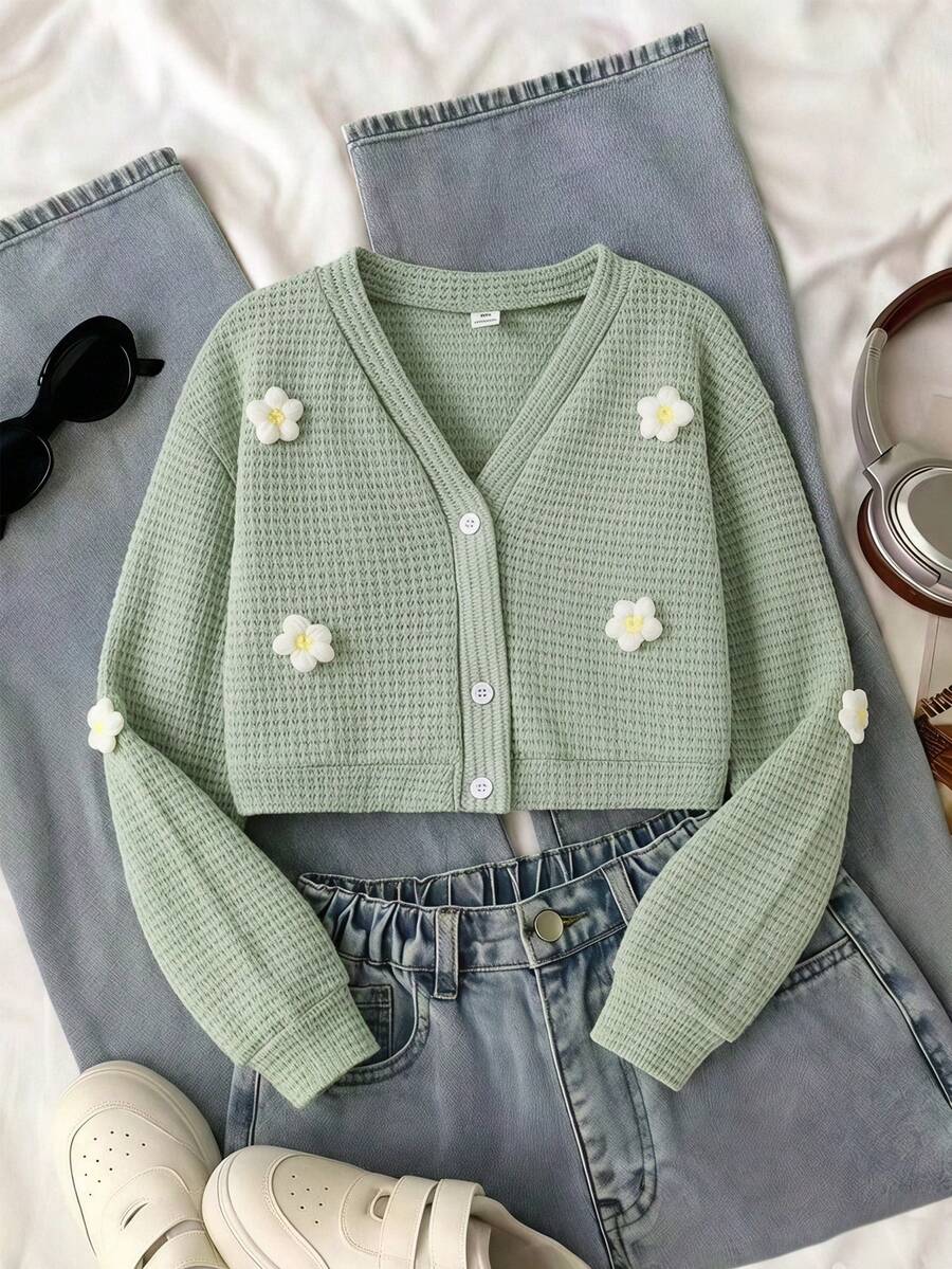 SHEIN Sparklyn 少女秋季開學休閒度假旅行灰色長袖花卉針織開襟外套