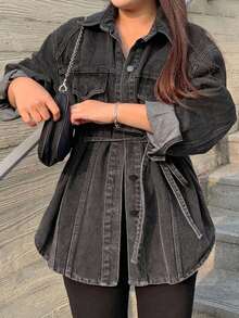 Dazy Plus Washed Distressed Lace-Up Loose Split Street Style Denim Cardigan Long Sleeve Shirt Fall - Dark Grey - View 1