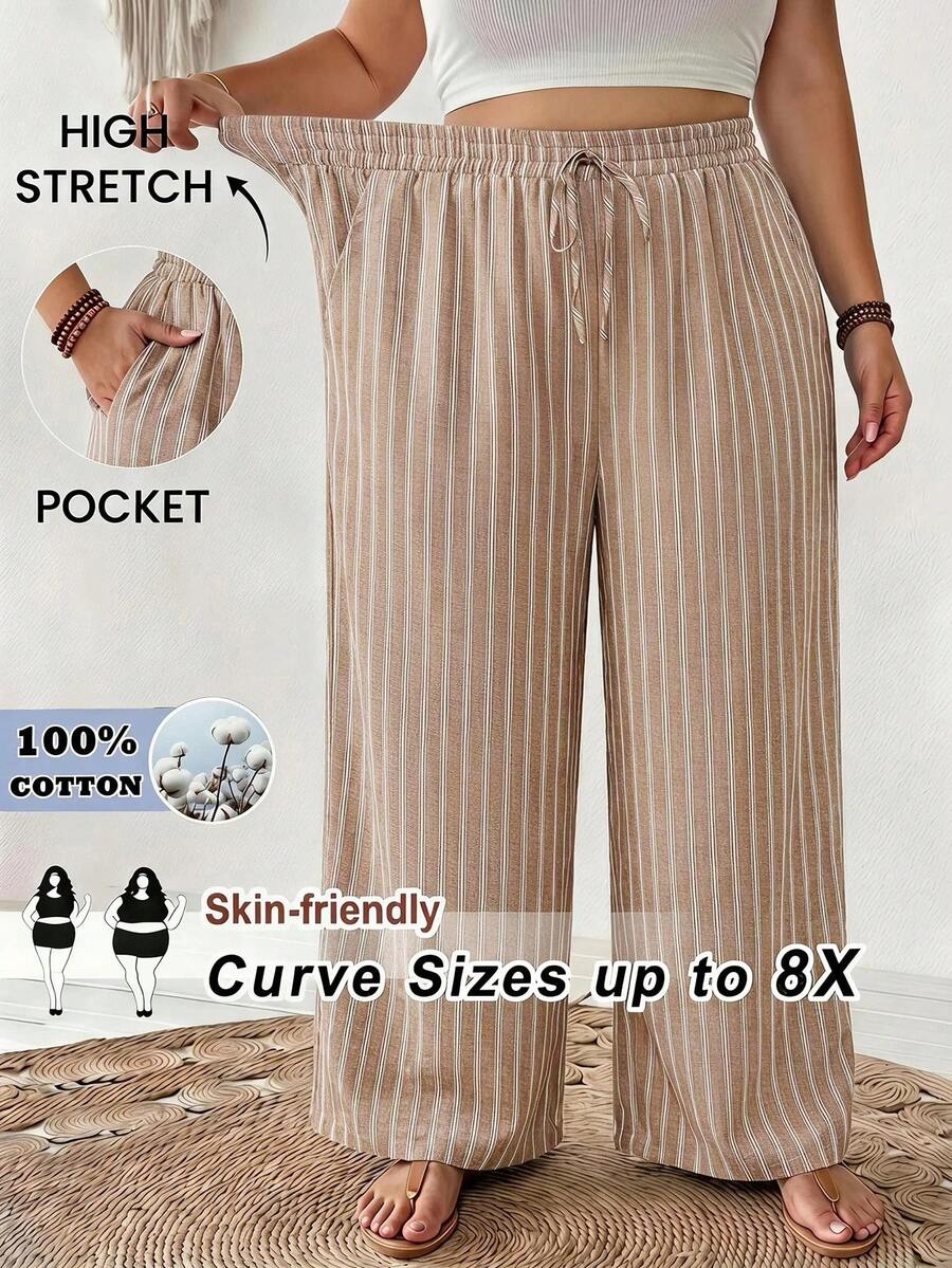 SHEIN CURVE+ 大尺碼休閒端莊條紋寬鬆長褲 2026 秋冬 22W - 棕色 - 查看 1