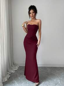 Allurite Sommer Neues sexy Kleid, trägerlos mit Kunst-Fischgräten-Linien-Dekor, figurbetontes Meerjungfrau-Langkleid, Taillendrapierung-Design, Hochzeit, Abendessen, Cocktail, elegant - Bordeaux - Übersicht 6