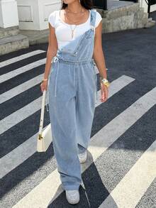 Rivivi Overall Denim Cuci Serut Kasual Serbaguna Fashion Warna Biru Muda untuk Perjalanan Musim Panas - Light Wash - View 6