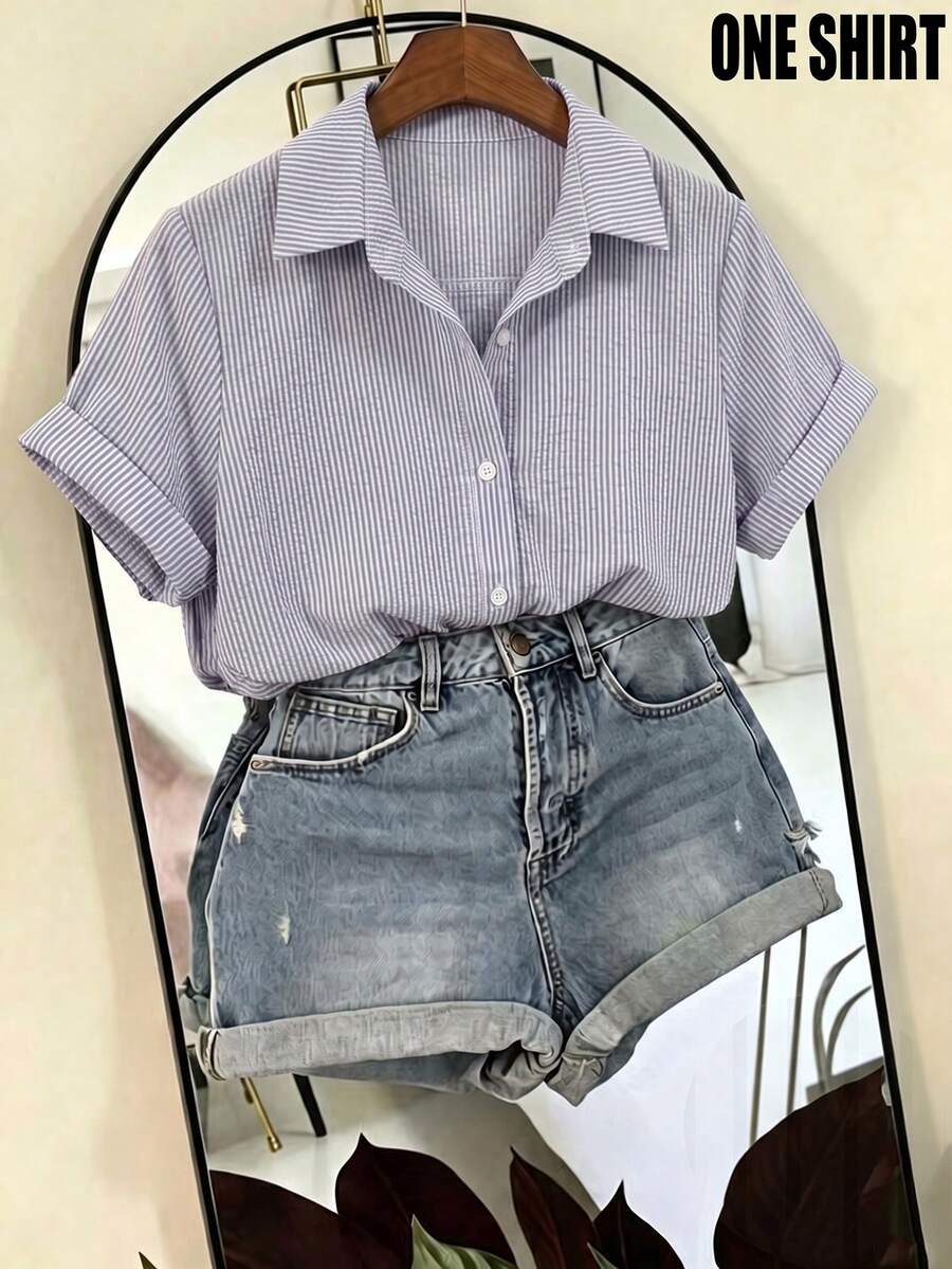SHEIN Franclia 女款條紋泡泡皺褶布料短袖襯衫,適合春夏外出與約會場合 - 紫色 - 查看 1