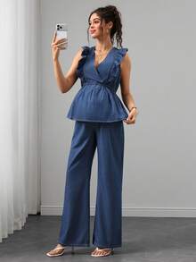 Momance Maternity Fashion Ruffle Denim Set Babyshower Formal Sky Blue Summer Casual Cute Chic Elegant Baby Shower Business Baby Blue - Medium Wash - View 4