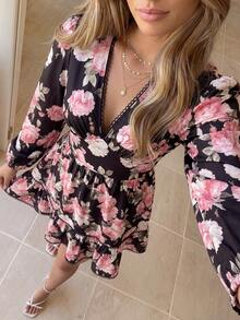 KARISMINA 女款時尚休閒優雅浪漫四季度假茶會V領迷你洋裝，優雅派對婚禮賓客禮服，黑色洋裝 - 黑色 - 查看 5
