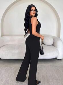 Vavine Elegant Business Casual Women's Office Wear, Metal Rose Flower Button Decor, Sleeveless High Elasticity Slim Fit Sexy Tank Top And Long Pants, 2-Piece Casual Set - Black - View 2