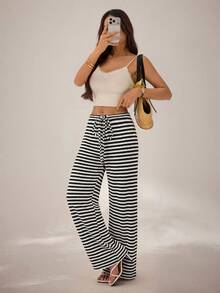 SHEIN PETITE Women Pants Vacation Black And White Striped Checkered Summer Boho Casual Holiday - Black and White - View 8