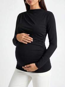 Modmama Camiseta de maternidad casual versátil de unicolor con fruncido y ajuste ceñido - Blanco y Negro - Ver 6