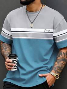 Manfinity Homme Men's Plus Size Letter Print Striped Colorblock Short Sleeve Crew Neck T-Shirt - Multicolor - View 1